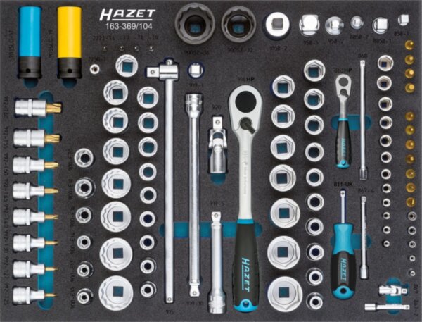 Набор торцевых головок 1/4", 1/2", 3/4", профили TORX, PH, PZ, 104 предмета, 519×392×73 мм, HAZET Арт. 163-369/104